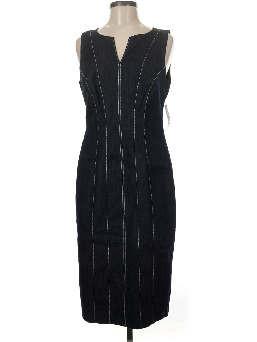 NWT NY&CO Dark Wash Denim Pinstripe Zip Front Sleeveless Midi Sheath Dress Sz 8